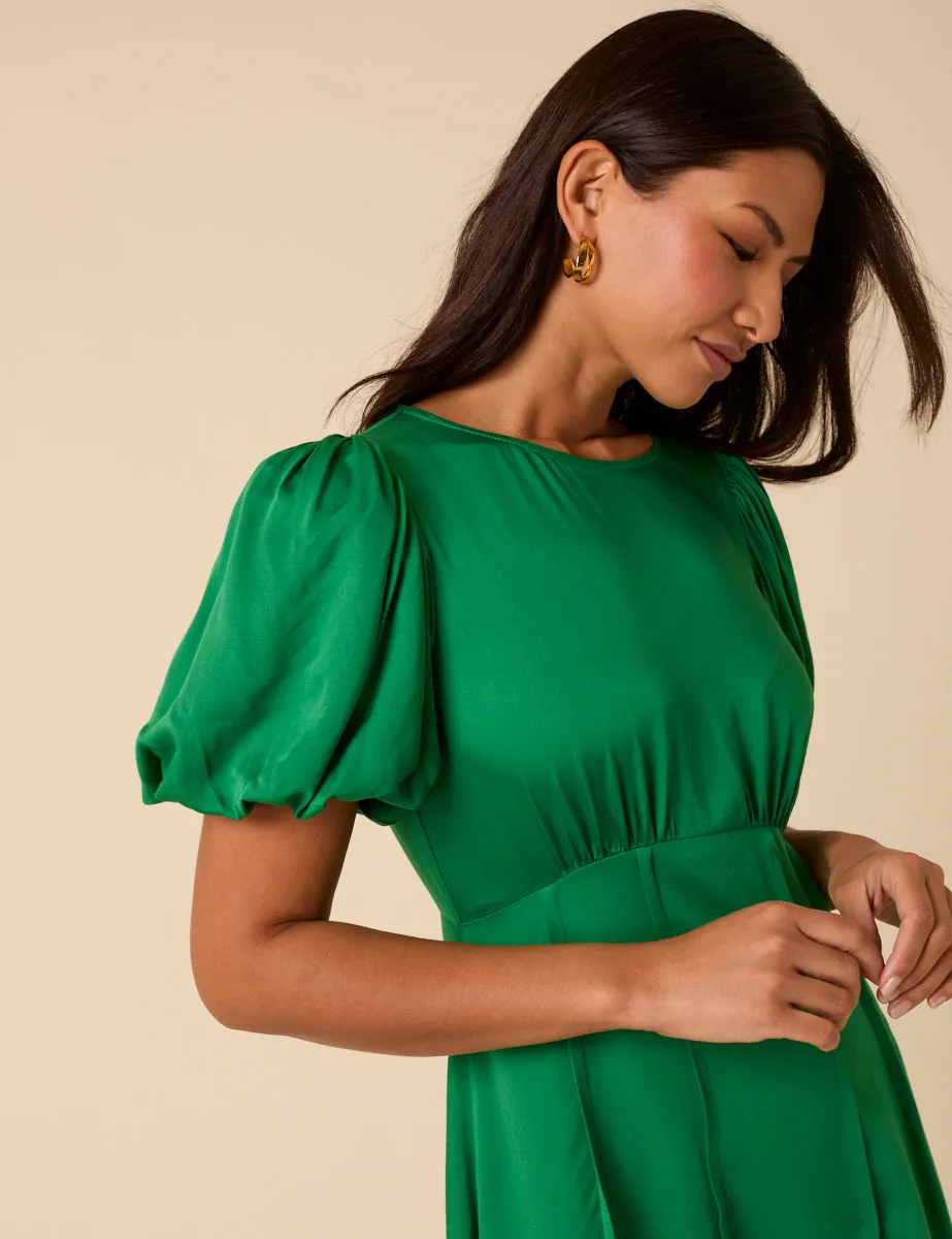 Green Satin Puff Sleeve Quinn Midi Dress sold by Nobody's Child product image thumbnail 2