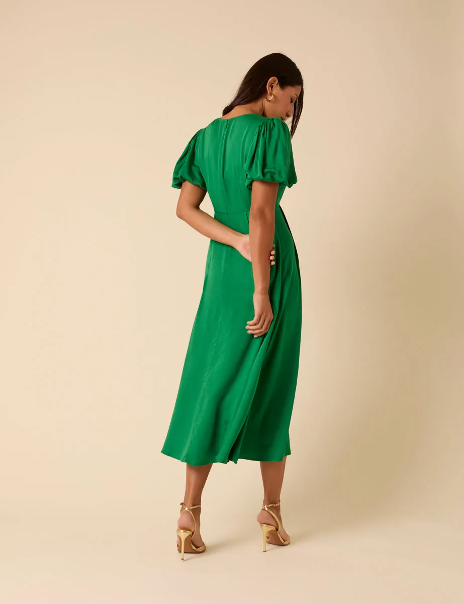 Green Satin Puff Sleeve Quinn Midi Dress sold by Nobody's Child product image thumbnail 5