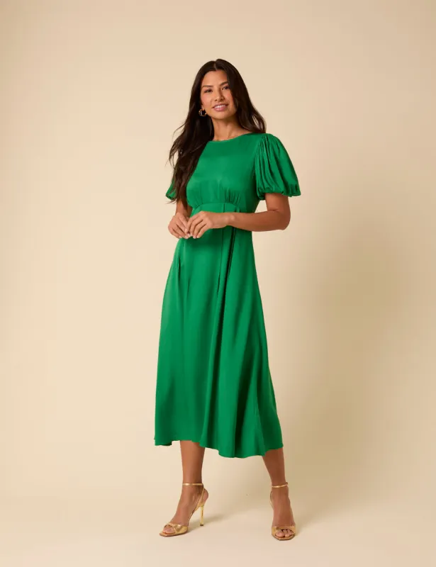 Green Satin Puff Sleeve Quinn Midi Dress sold by Nobody's Child