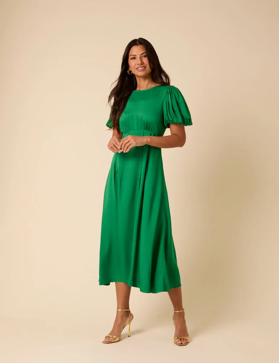 Green Satin Puff Sleeve Quinn Midi Dress sold by Nobody's Child
