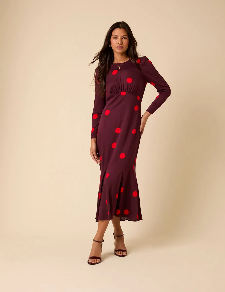 Burgundy Polka Dot Midi Dress sold by Nobody's Child product image thumbnail 2