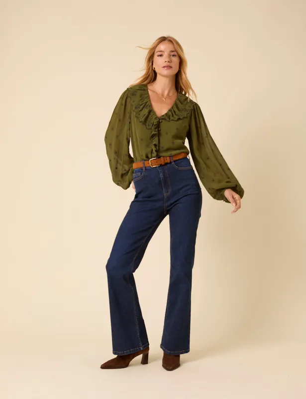 Green Embroidered Ruffle Collar Long Sleeve Blouse sold by Nobody's Child