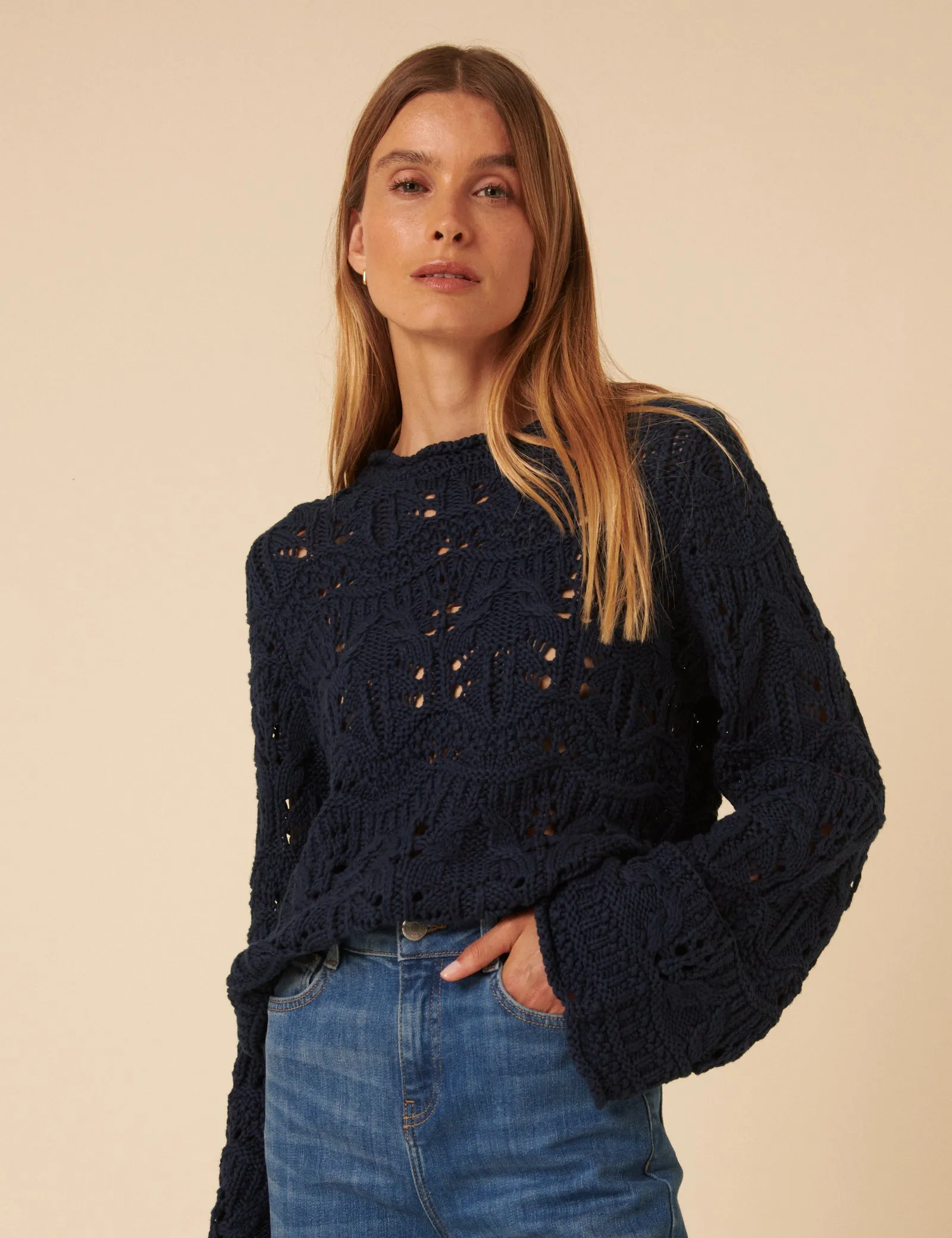 Navy Blue Chunky Pointelle Jumper sold by Nobody's Child