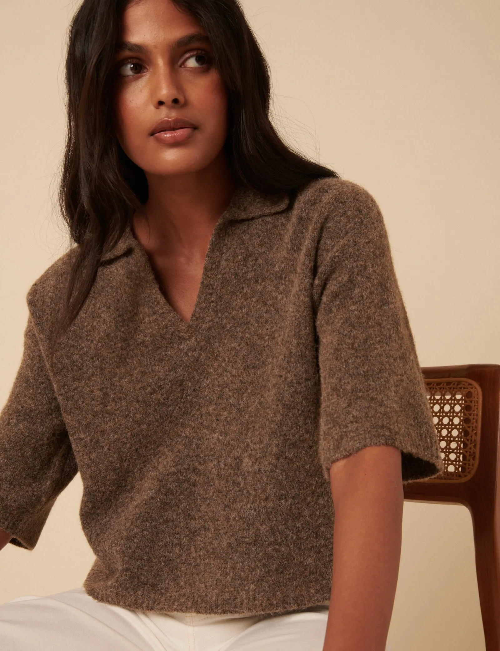 Brown Open Collar Knitted Short Sleeve Jumper sold by Nobody's Child product image thumbnail 2