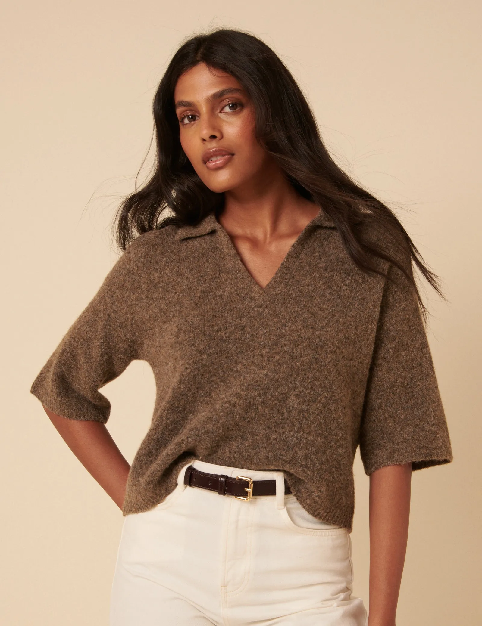 Brown Open Collar Knitted Short Sleeve Jumper sold by Nobody's Child