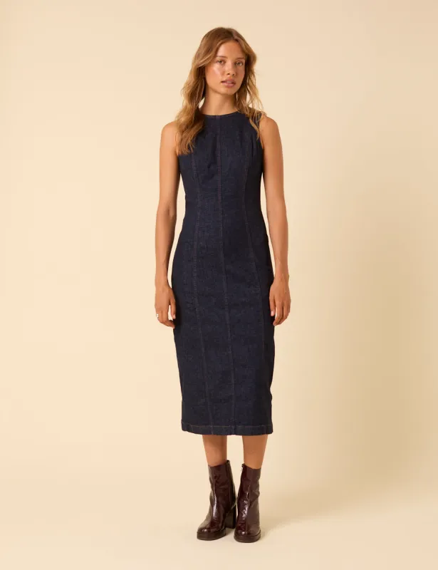 Dark Blue Denim Sleeveless Stretch Column Midi Dress sold by Nobody's Child