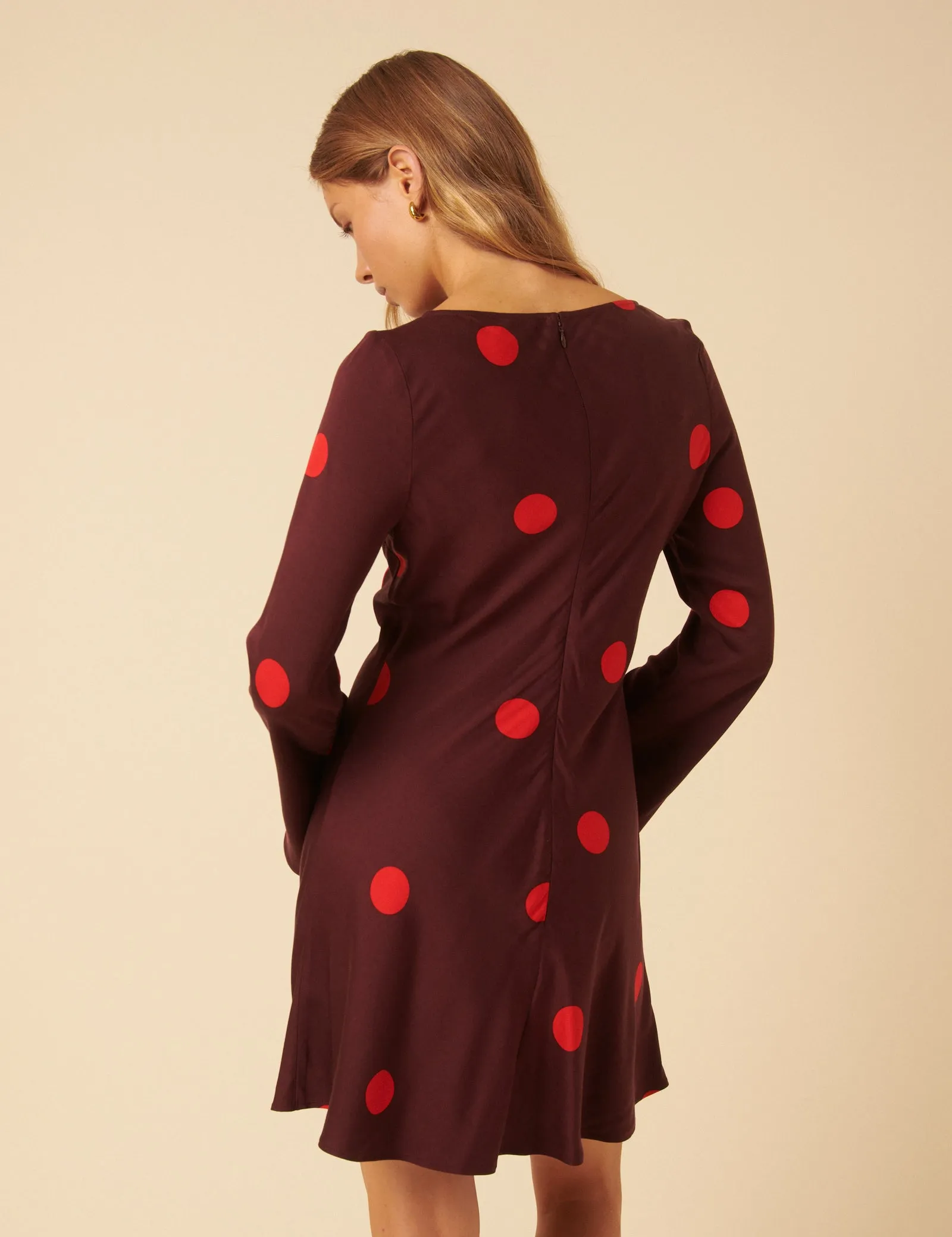 Burgundy Polka Dot Long Sleeve Romy Mini Dress sold by Nobody's Child product image thumbnail 5