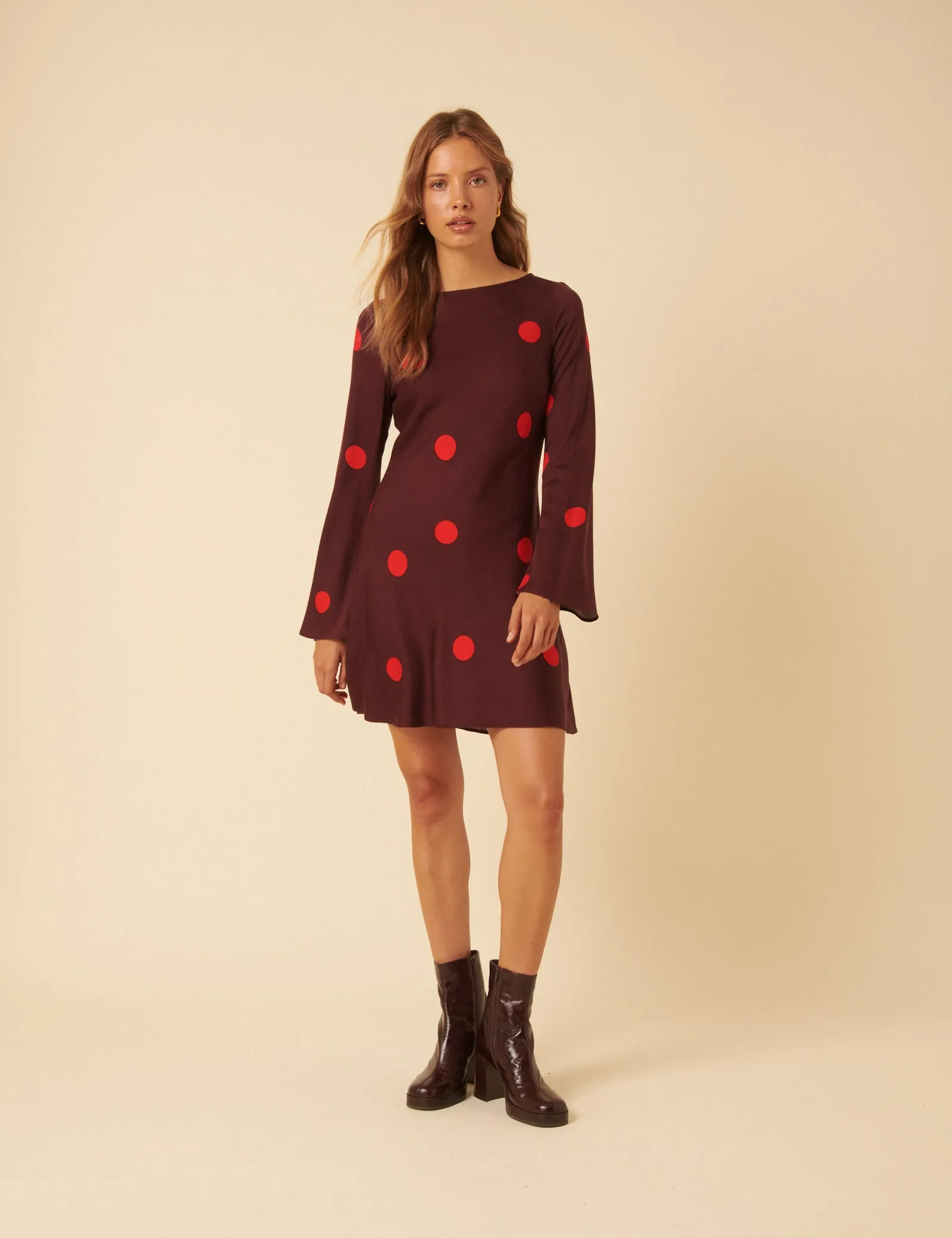 Burgundy Polka Dot Long Sleeve Romy Mini Dress sold by Nobody's Child
