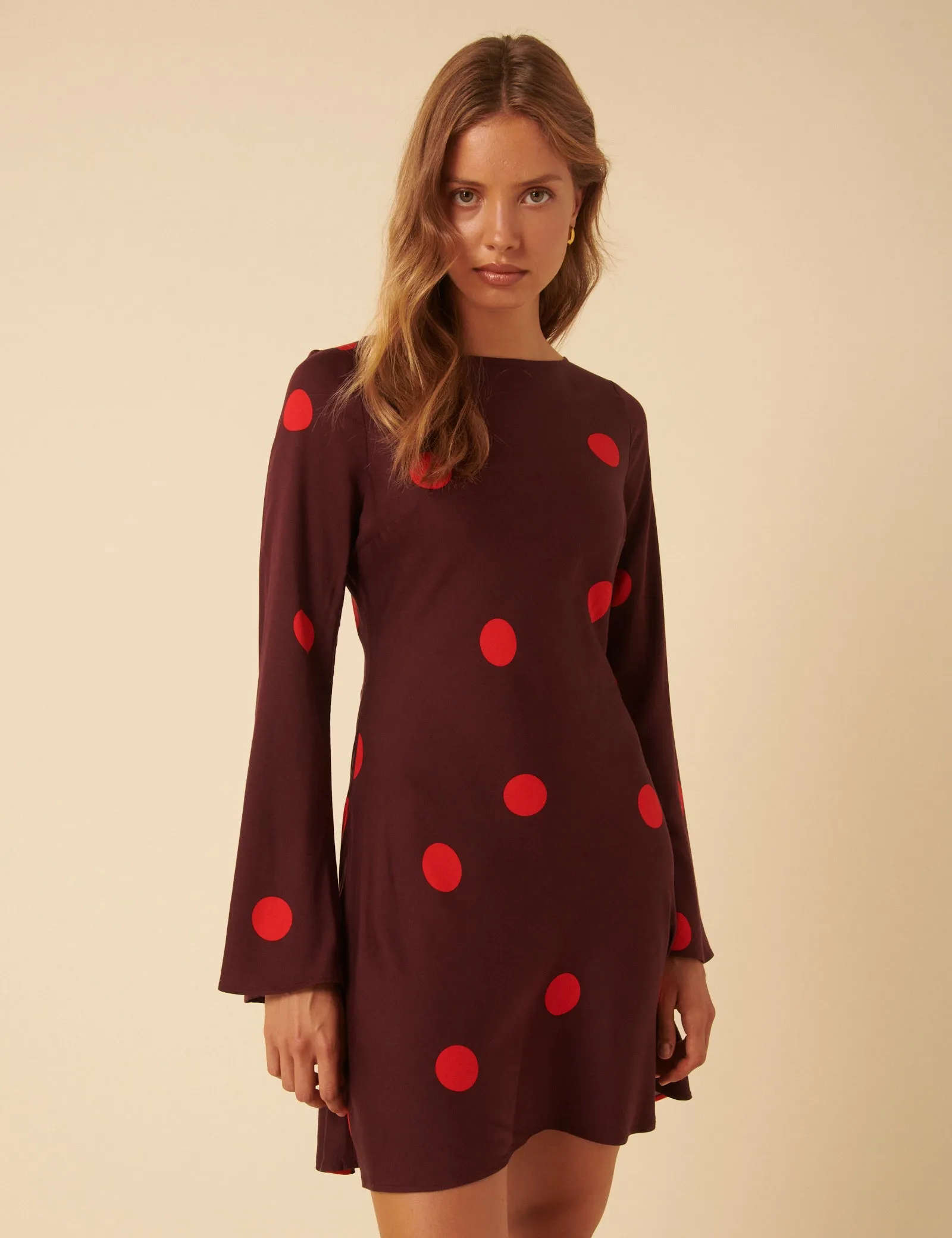 Burgundy Polka Dot Long Sleeve Romy Mini Dress sold by Nobody's Child product image thumbnail 4