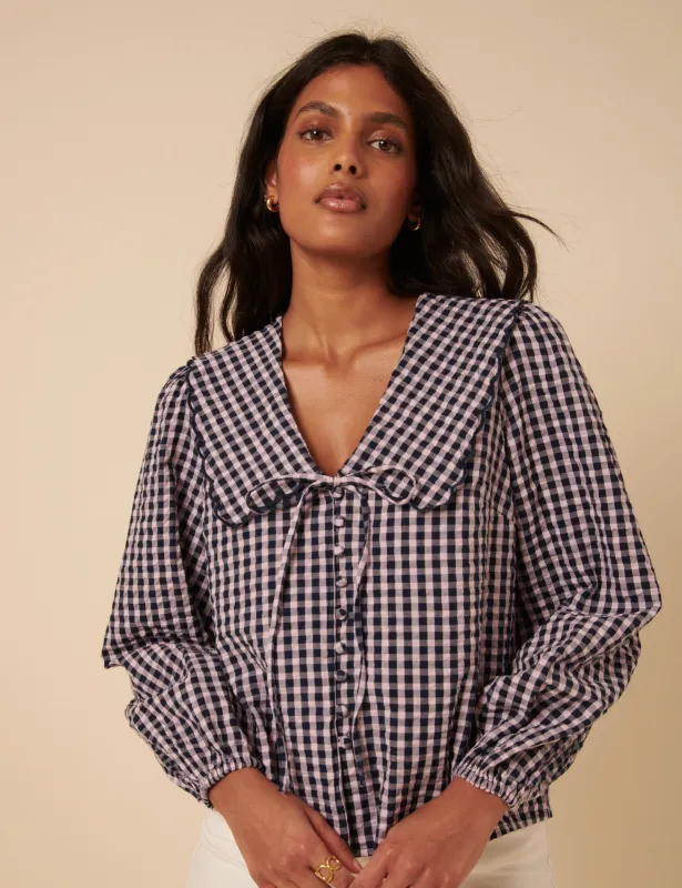 Black And Pink Gingham Peter Pan Collar Blouse sold by Nobody's Child