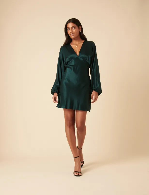 Green Satin Long Sleeve Mini Dress sold by Nobody's Child
