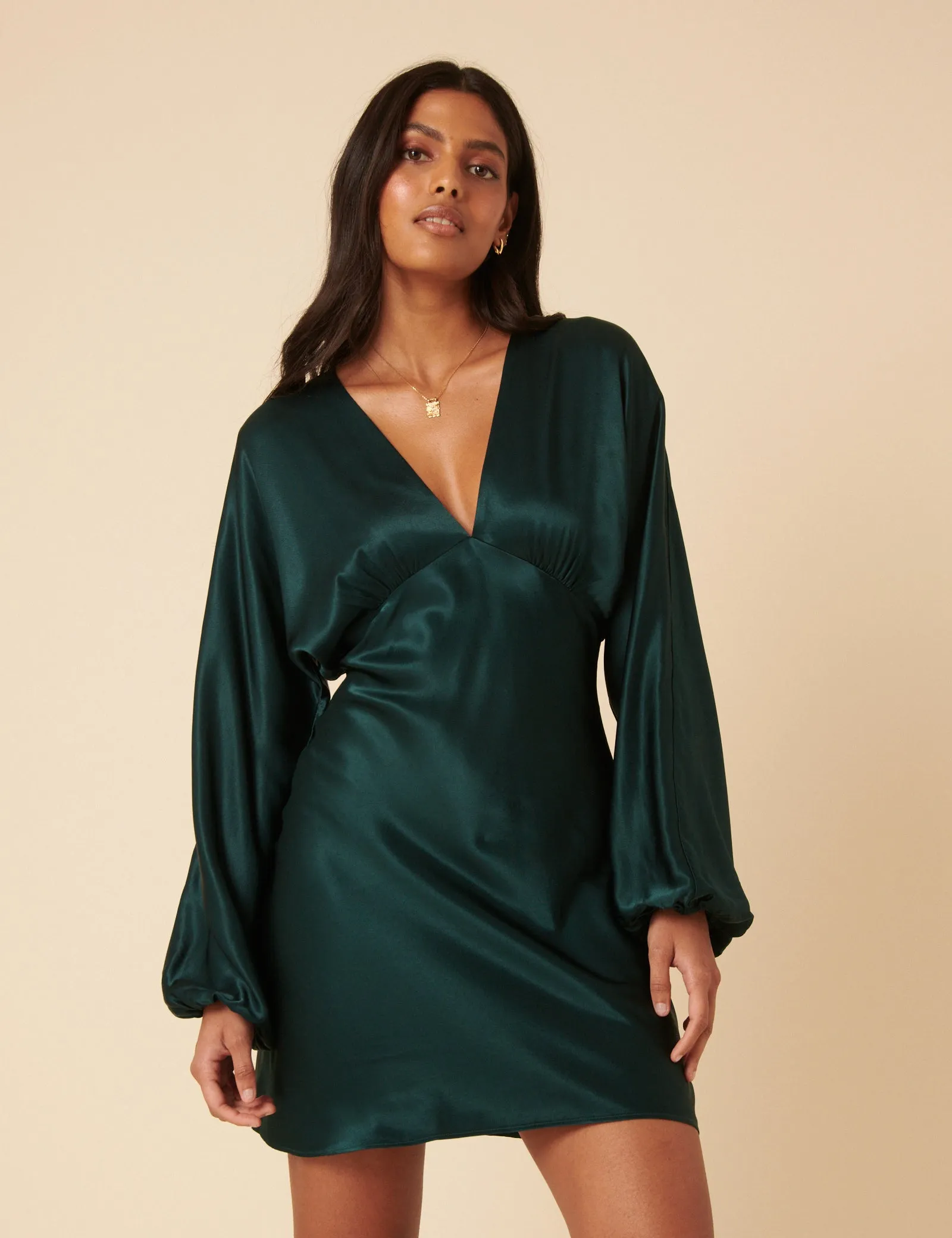 Green Satin Long Sleeve Mini Dress sold by Nobody's Child product image thumbnail 4