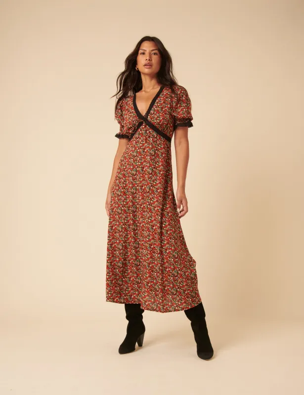 Red Ditsy Floral Sophia Midi Dress sold by Nobody's Child