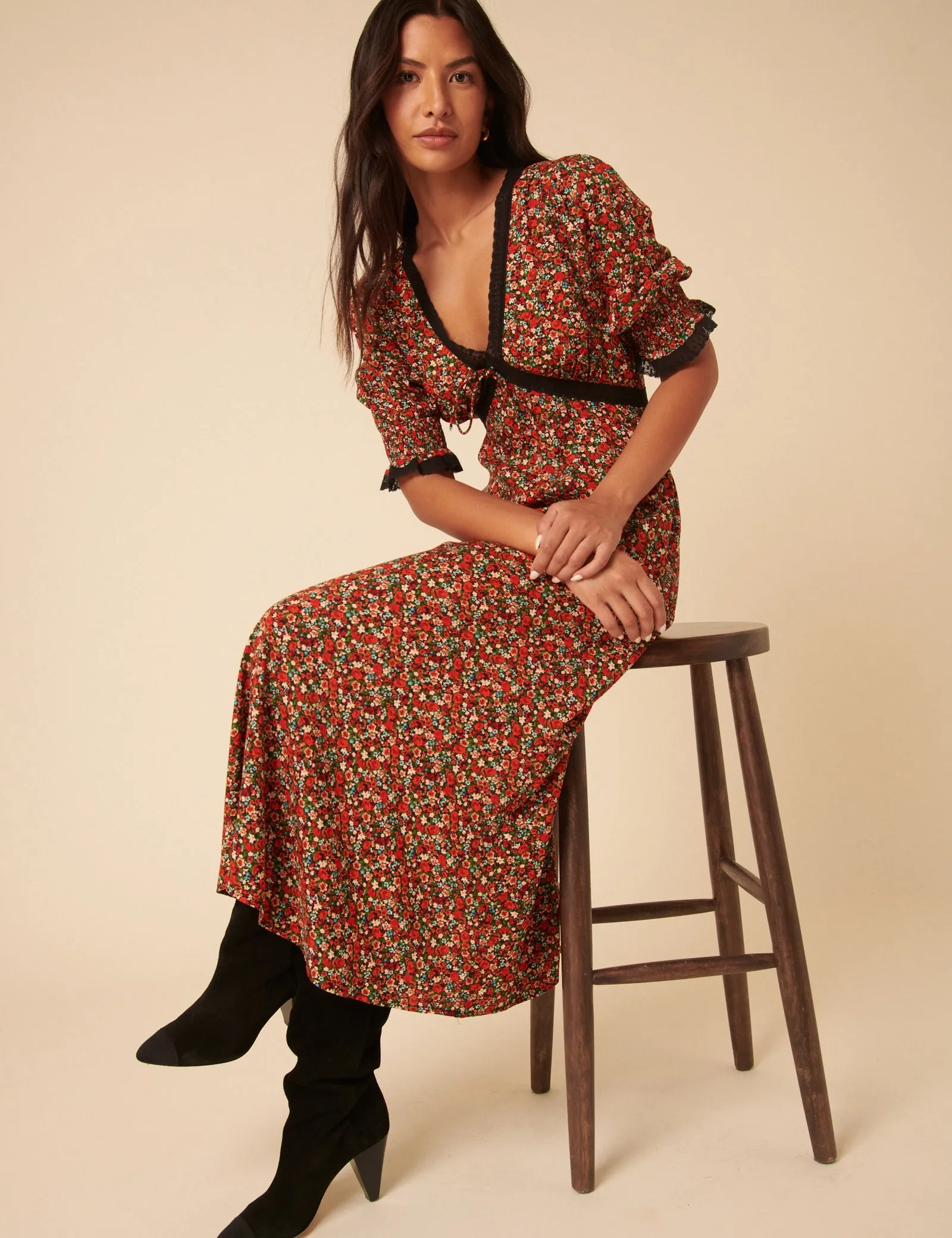 Red Ditsy Floral Sophia Midi Dress sold by Nobody's Child product image thumbnail 3