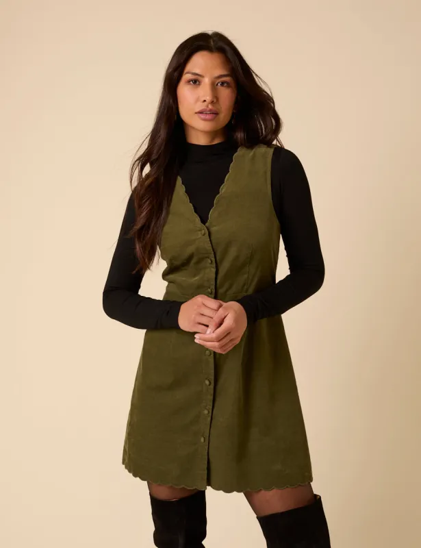 Green Cord Leone Pinafore Mini Dress sold by Nobody's Child