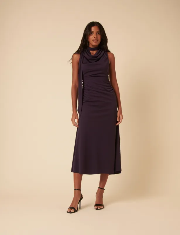 Purple Heavy Mesh Scarf Neck Detail Seren Midi Dress sold by Nobody's Child