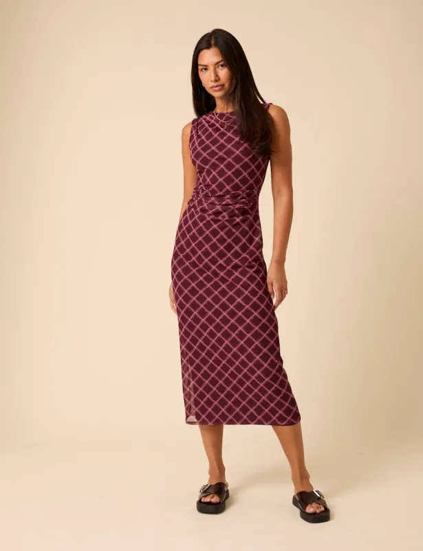 Burgundy Printed Ruched Mesh Midi Dress sold by Nobody's Child