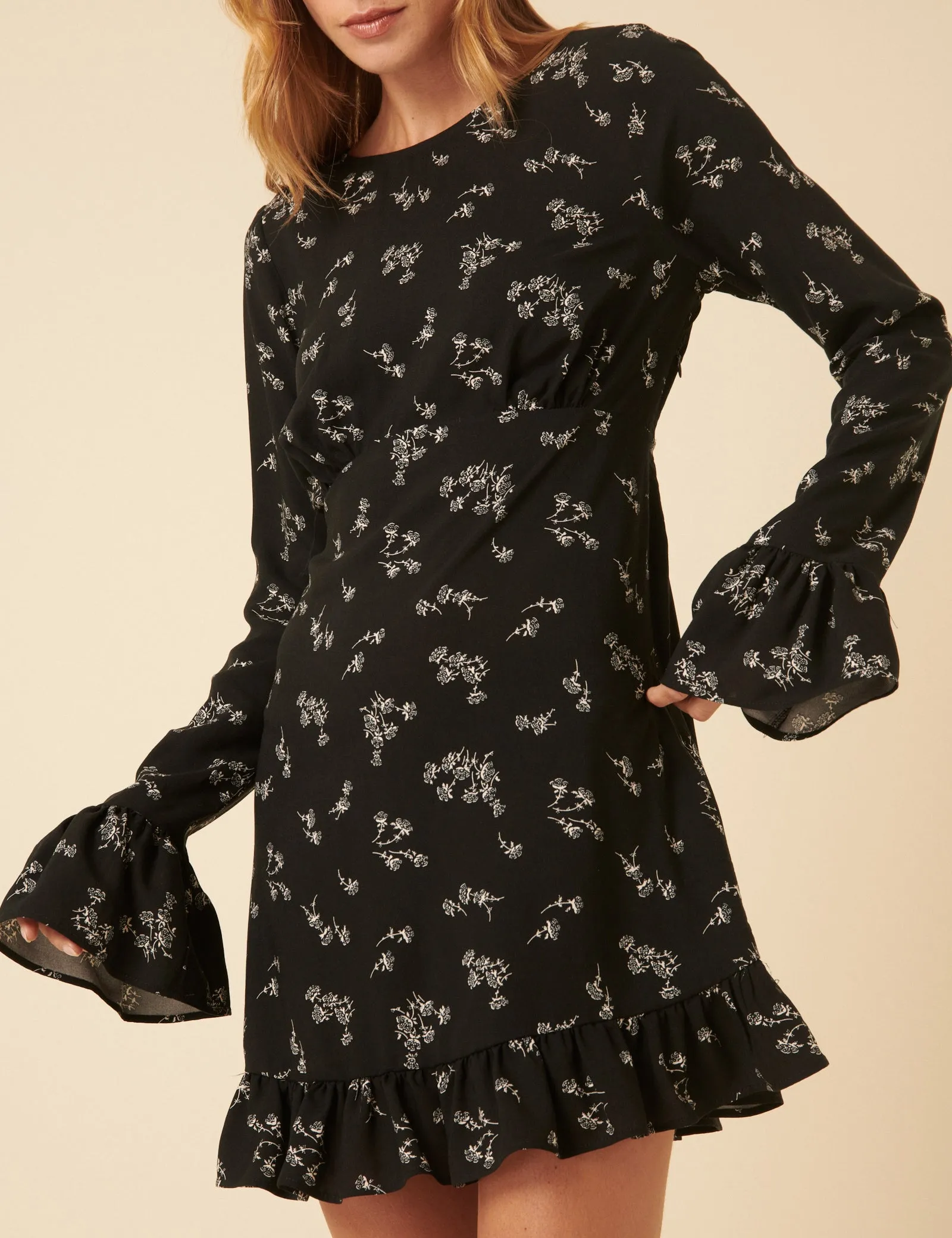 Black Floral Flute Sleeve Bella Mini Dress sold by Nobody's Child product image thumbnail 2