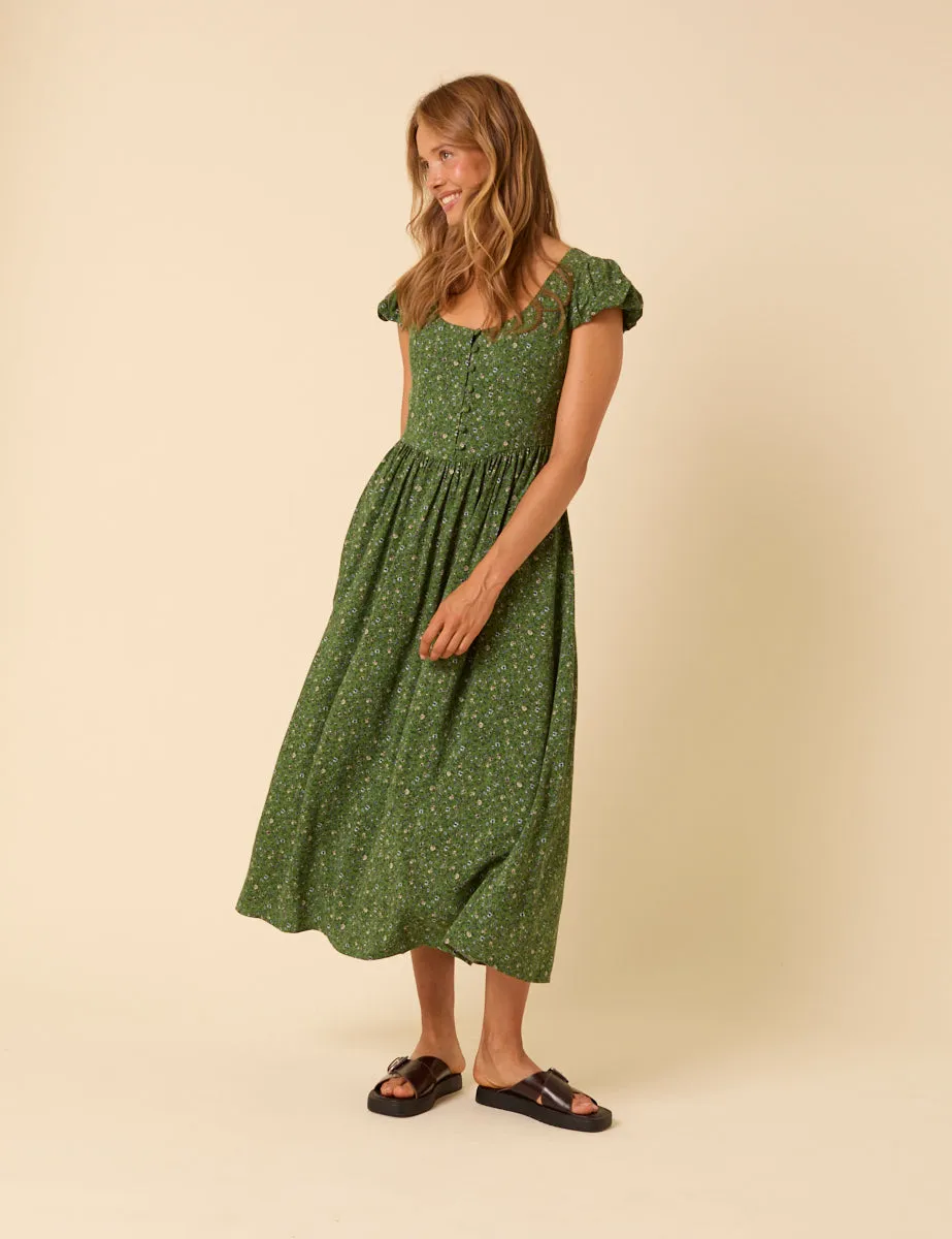 Green Ditsy Floral Puff Sleeve Cora Midi Dress sold by Nobody's Child
