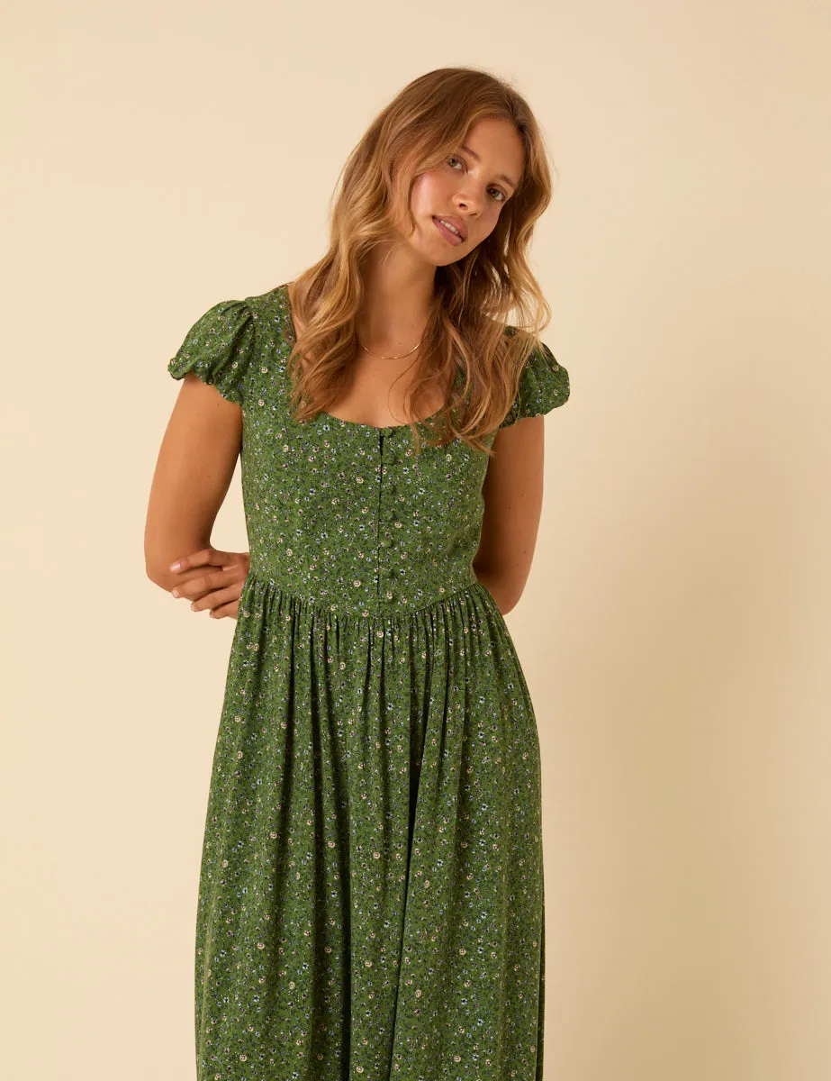 Green Ditsy Floral Puff Sleeve Cora Midi Dress sold by Nobody's Child product image thumbnail 2