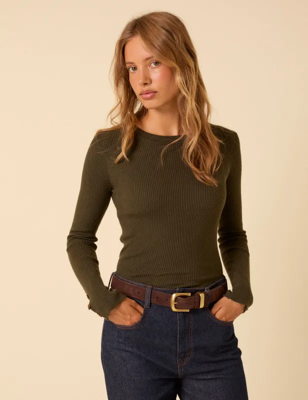 Khaki Green Rib Knitted Long Sleeve Top sold by Nobody's Child