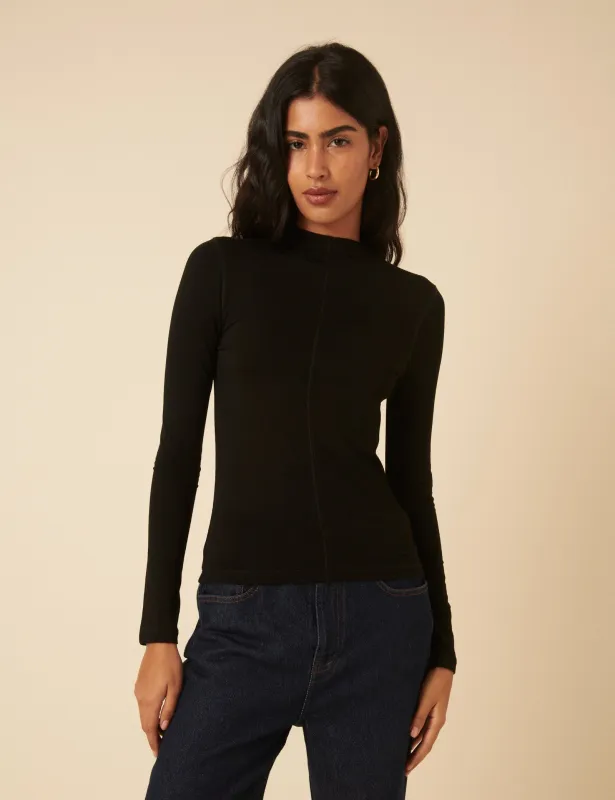 Black Long Sleeve High Neck Jersey Top sold by Nobody's Child