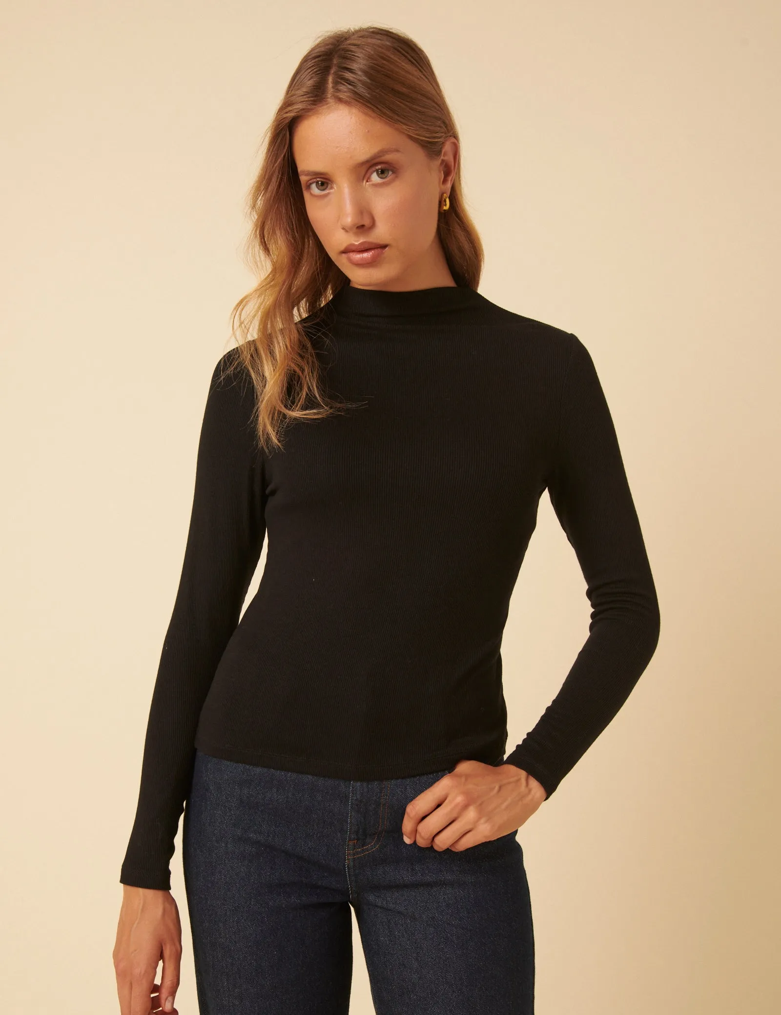 Black Ribbed High Neck Long Sleeve Top sold by Nobody's Child product image thumbnail 2