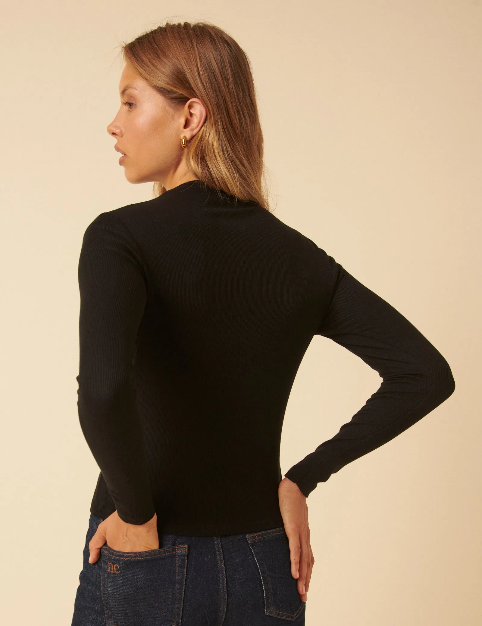 Black Ribbed High Neck Long Sleeve Top sold by Nobody's Child product image thumbnail 4