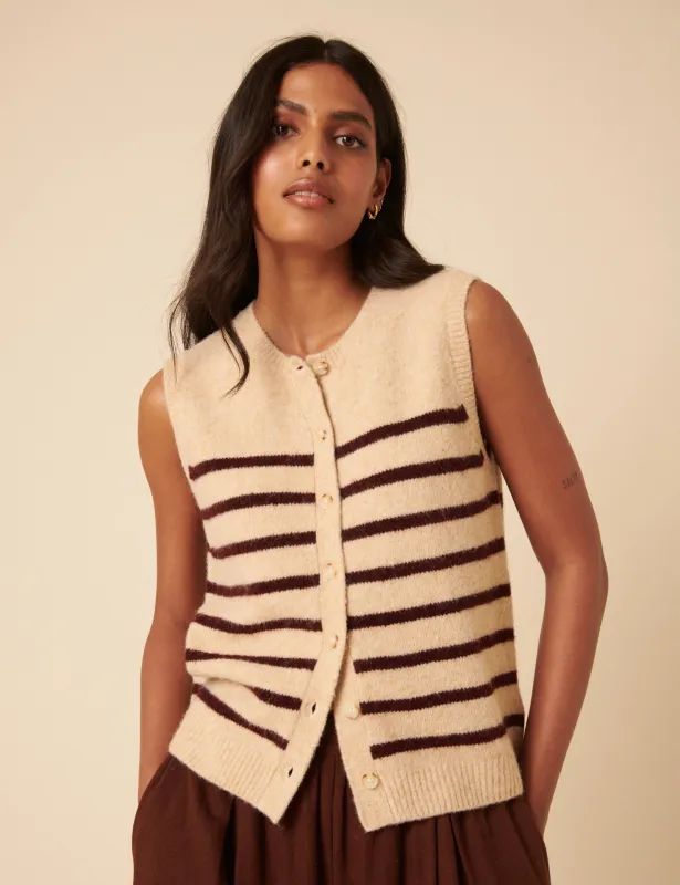 Beige Striped Button Through Knitted Vest sold by Nobody's Child