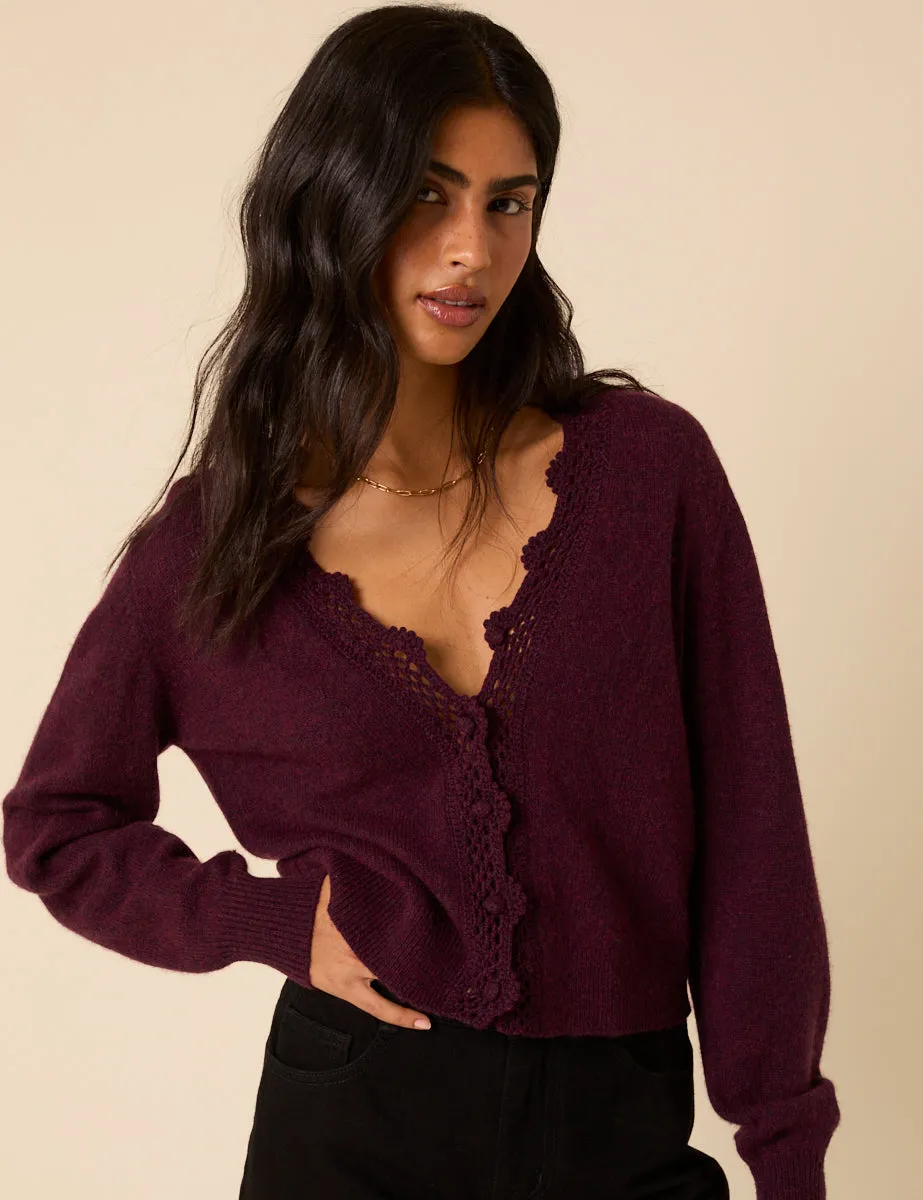 Burgundy Crochet Trim V Neck Cardigan sold by Nobody's Child