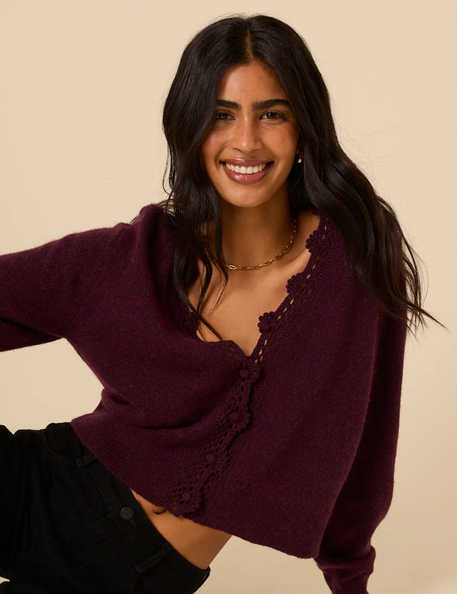 Burgundy Crochet Trim V Neck Cardigan sold by Nobody's Child product image thumbnail 5