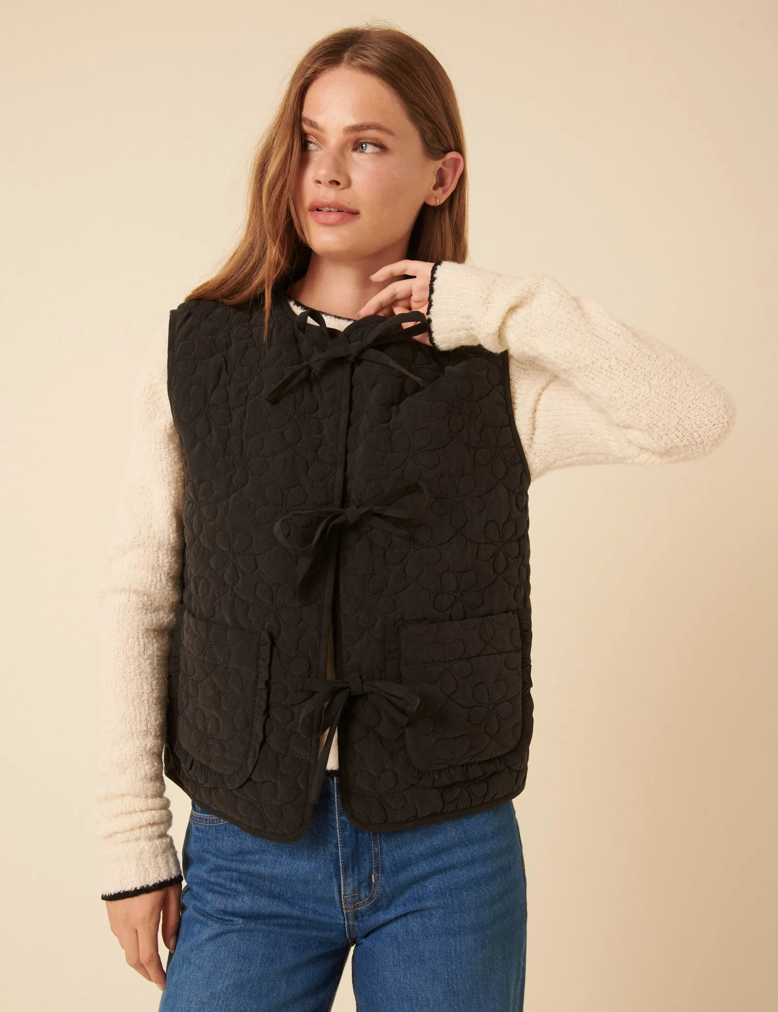 Black Tie Front Quilted Gilet sold by Nobody's Child