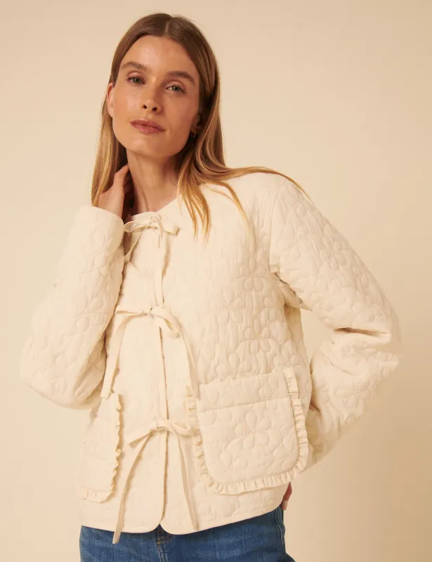 Cream Tie-Front Quilted Jacket sold by Nobody's Child