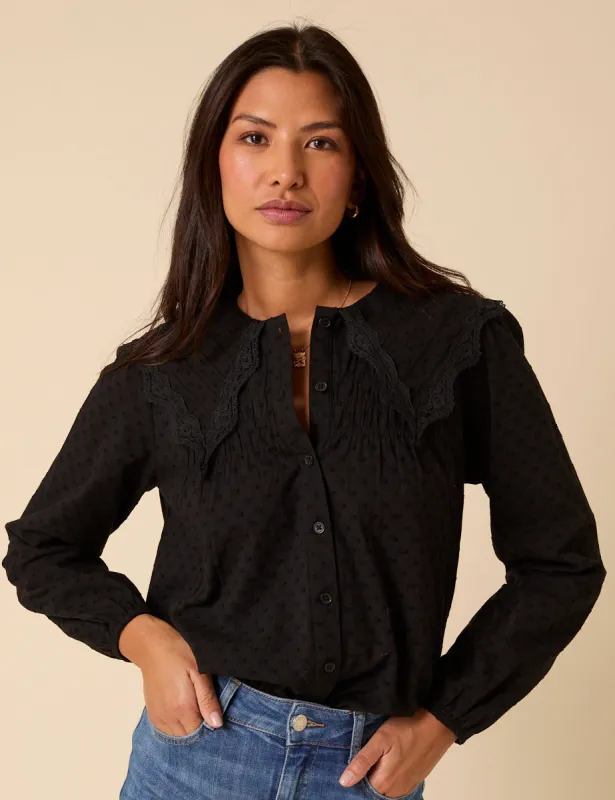 Black Embroidered Peter Pan Collar Blouse sold by Nobody's Child