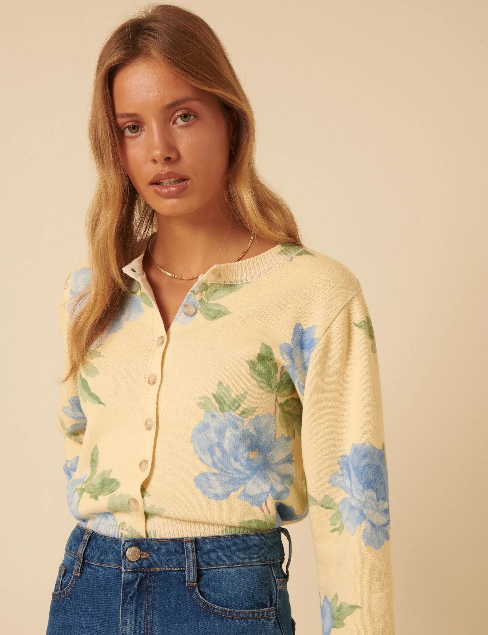 Yellow Floral Crew Neck Cardigan sold by Nobody's Child