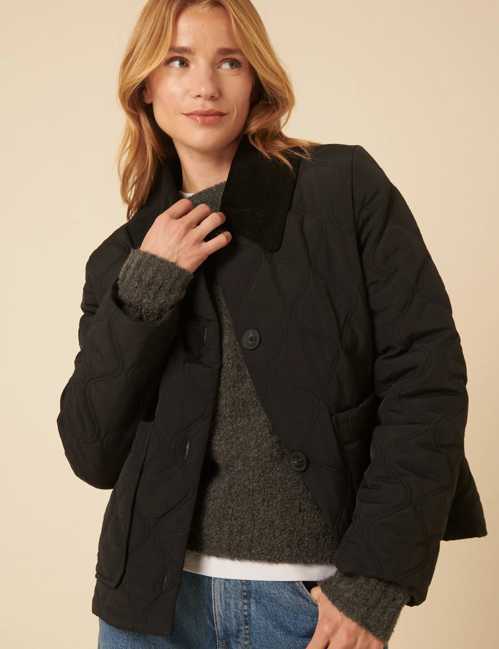 Black Collared Quilted Jacket sold by Nobody's Child