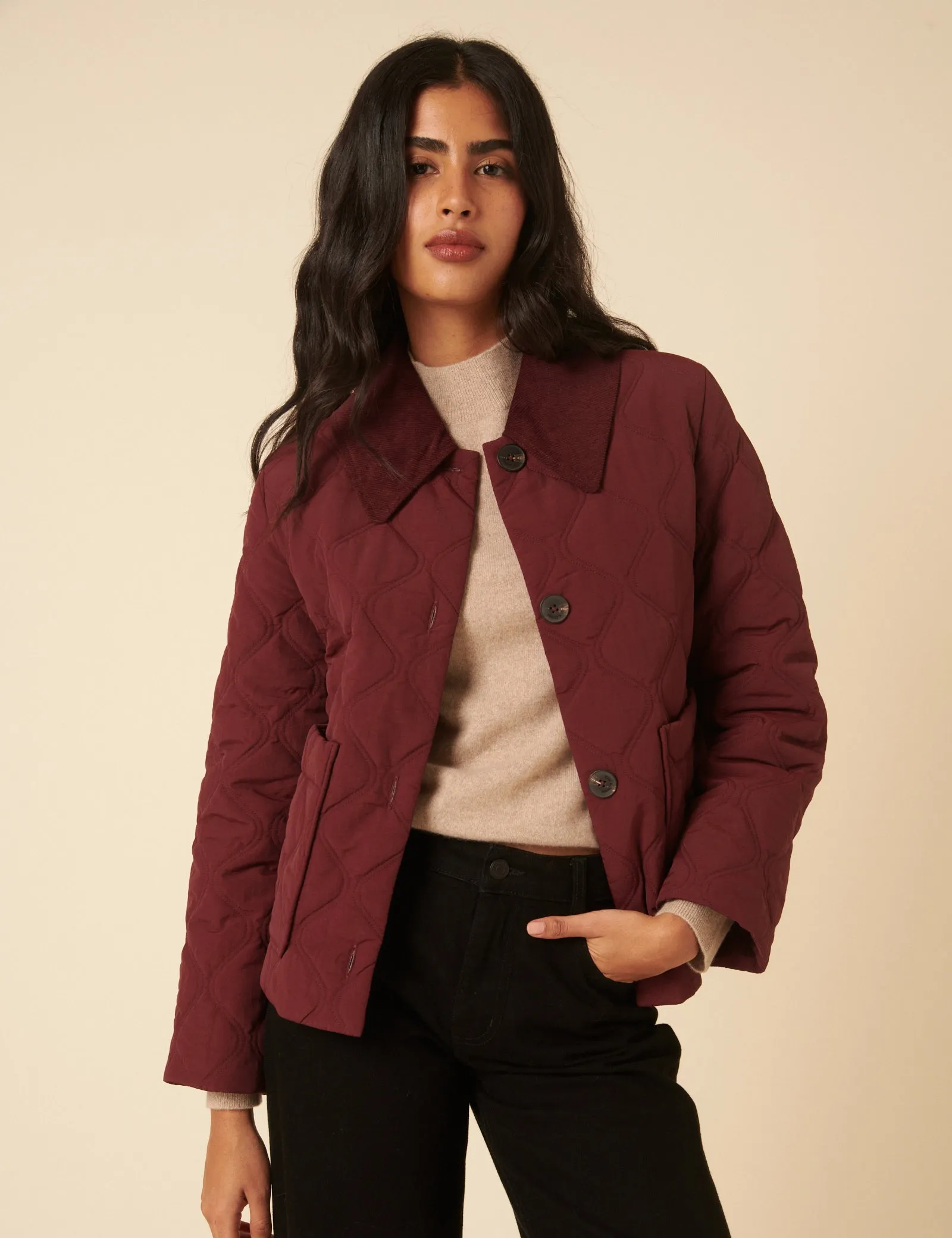 Burgundy Collared Quilted Jacket sold by Nobody's Child