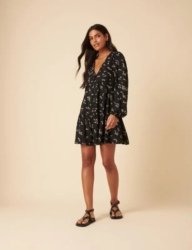 Black Printed Long Sleeve Marley Mini Dress sold by Nobody's Child