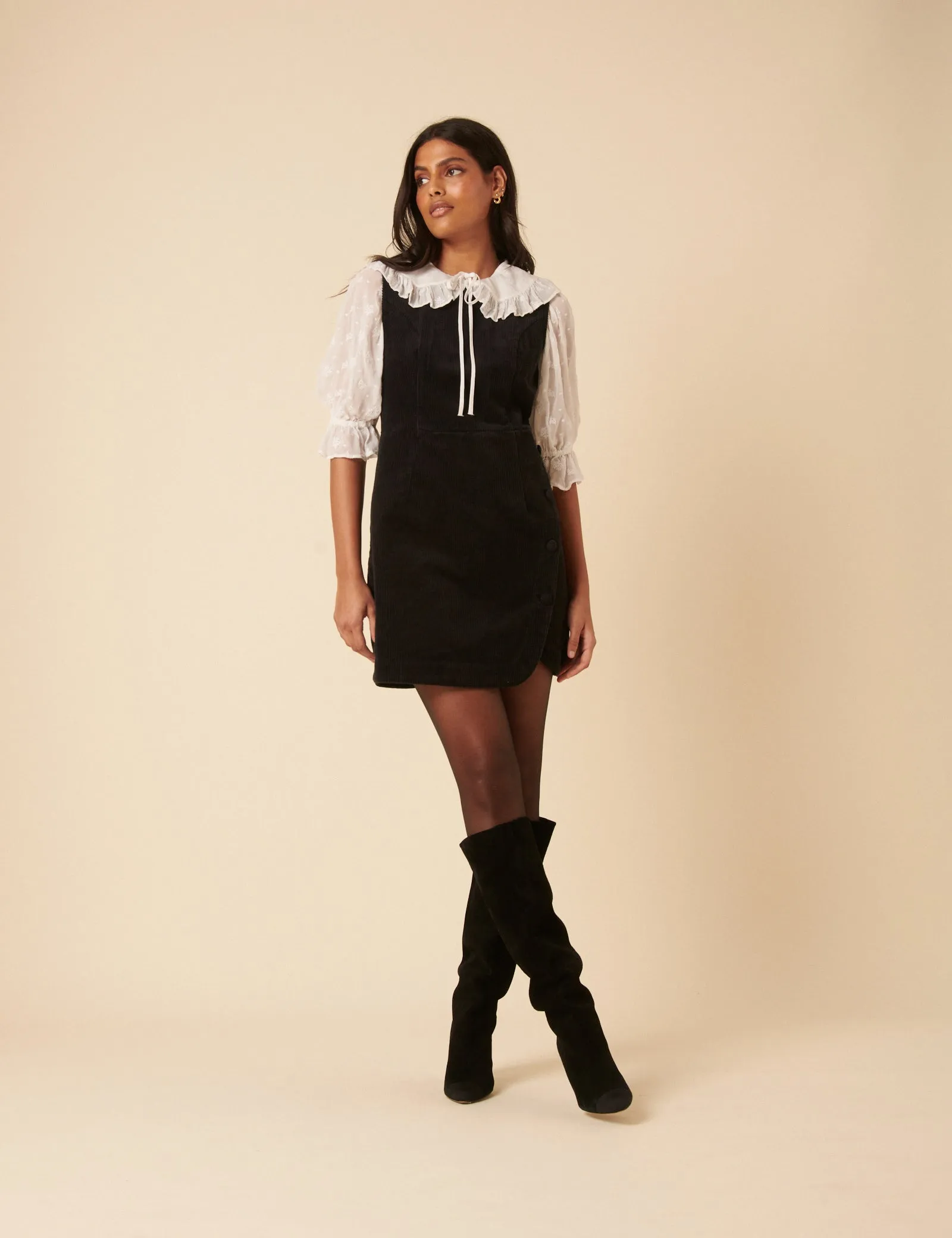 Black Cord Birch Pinafore Mini Dress sold by Nobody's Child