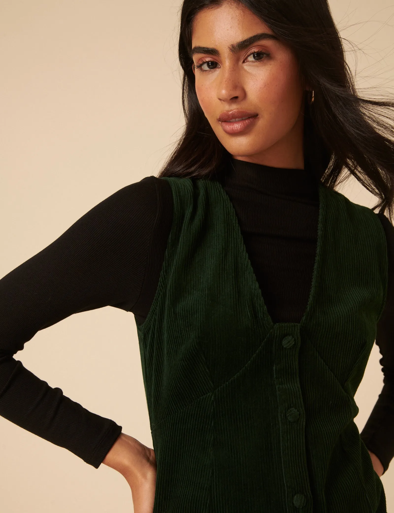 Khaki Green Cord Gianna Pinafore Mini Dress sold by Nobody's Child product image thumbnail 4