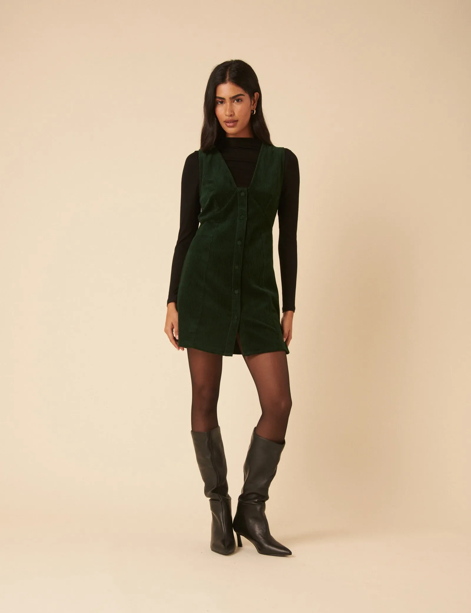 Khaki Green Cord Gianna Pinafore Mini Dress sold by Nobody's Child