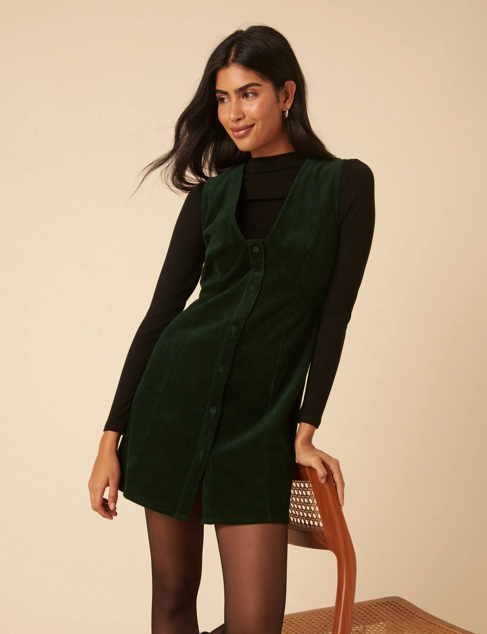 Khaki Green Cord Gianna Pinafore Mini Dress sold by Nobody's Child product image thumbnail 2