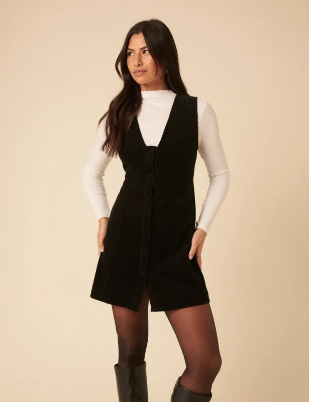 Black Cord Gianna Pinafore Mini Dress sold by Nobody's Child
