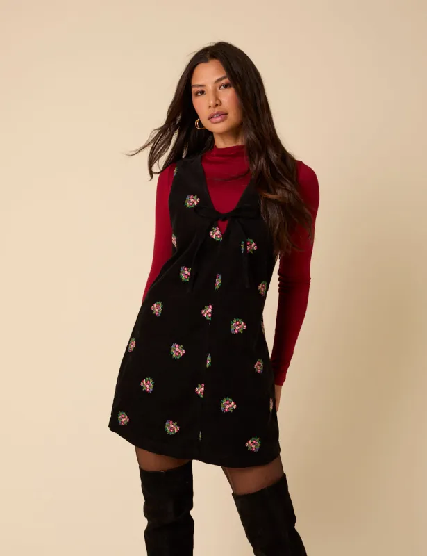 Black Floral Embroidered Cord Nila Pinafore Mini Dress sold by Nobody's Child