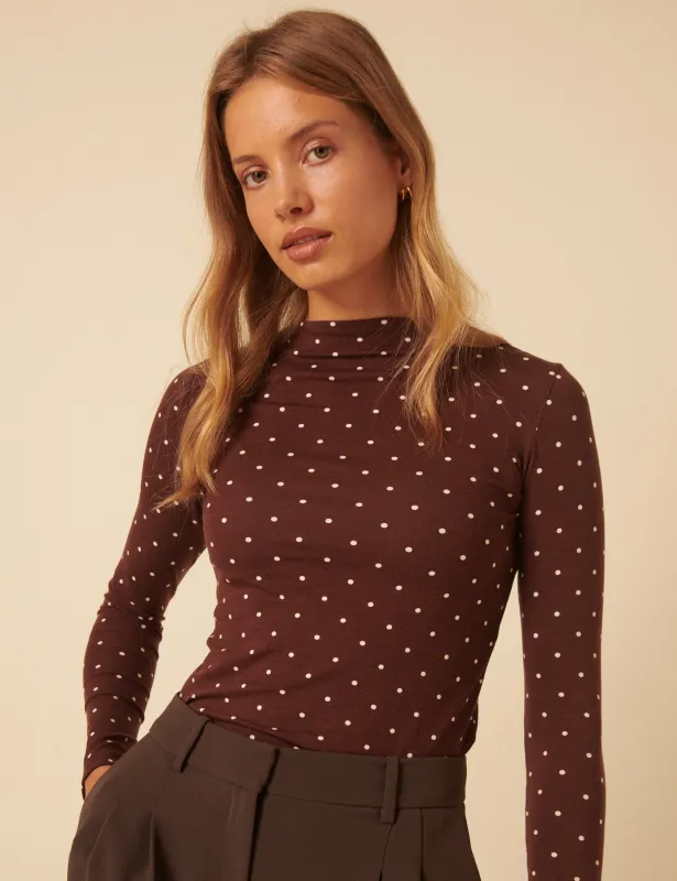 Brown Polka Dot High Neck Long Sleeve Top sold by Nobody's Child