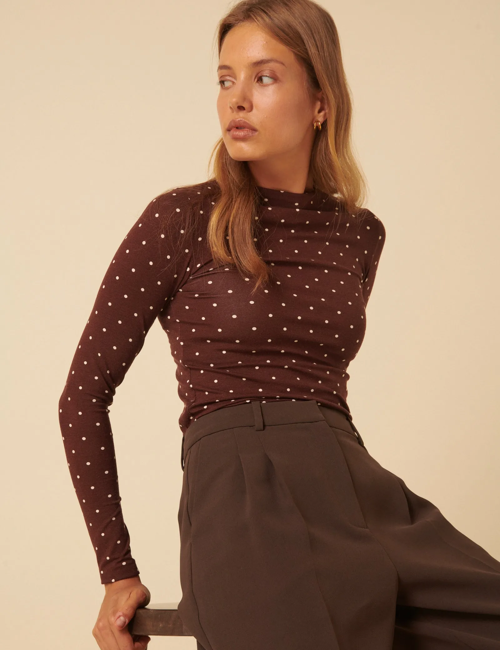 Brown Polka Dot High Neck Long Sleeve Top sold by Nobody's Child product image thumbnail 3