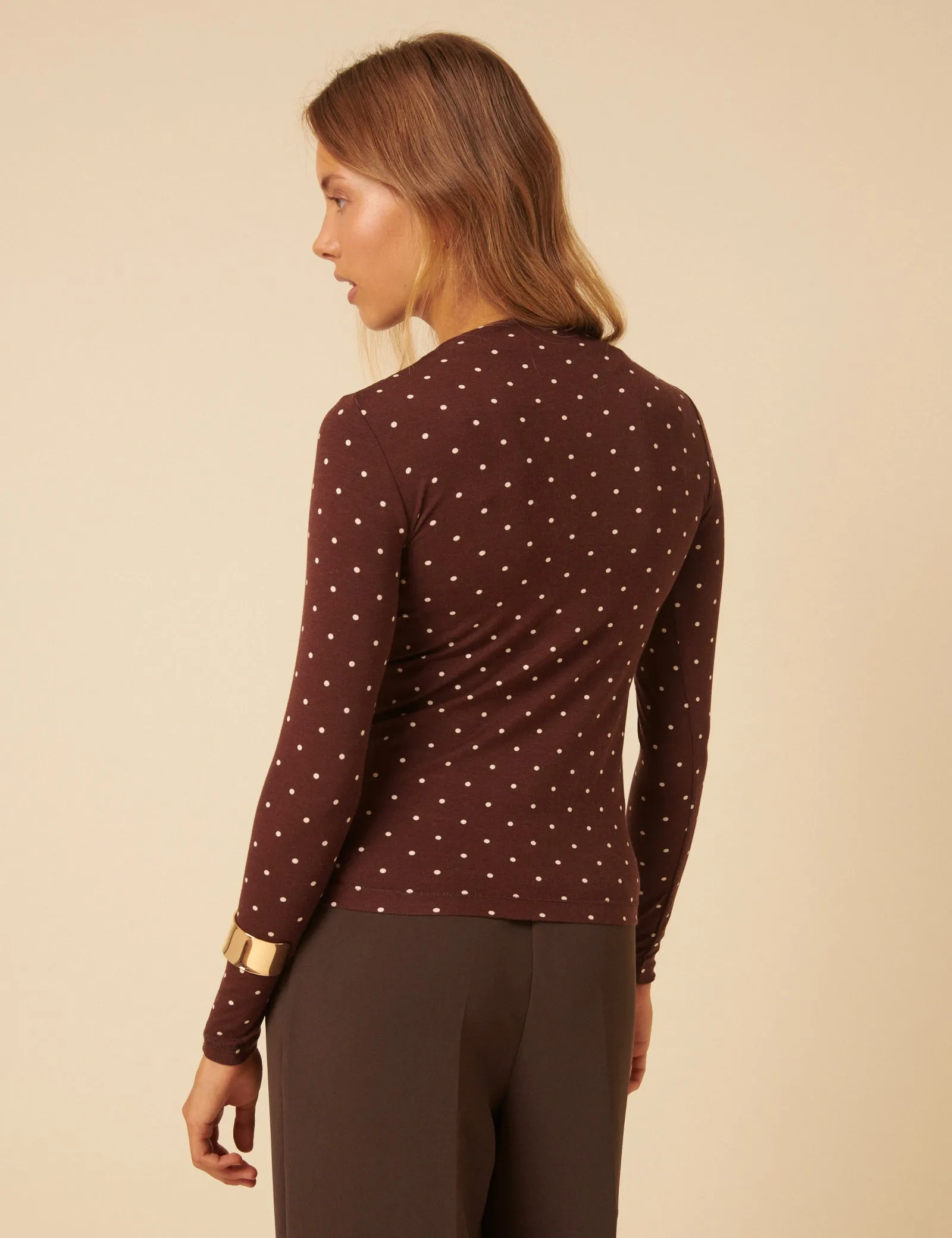 Brown Polka Dot High Neck Long Sleeve Top sold by Nobody's Child product image thumbnail 4
