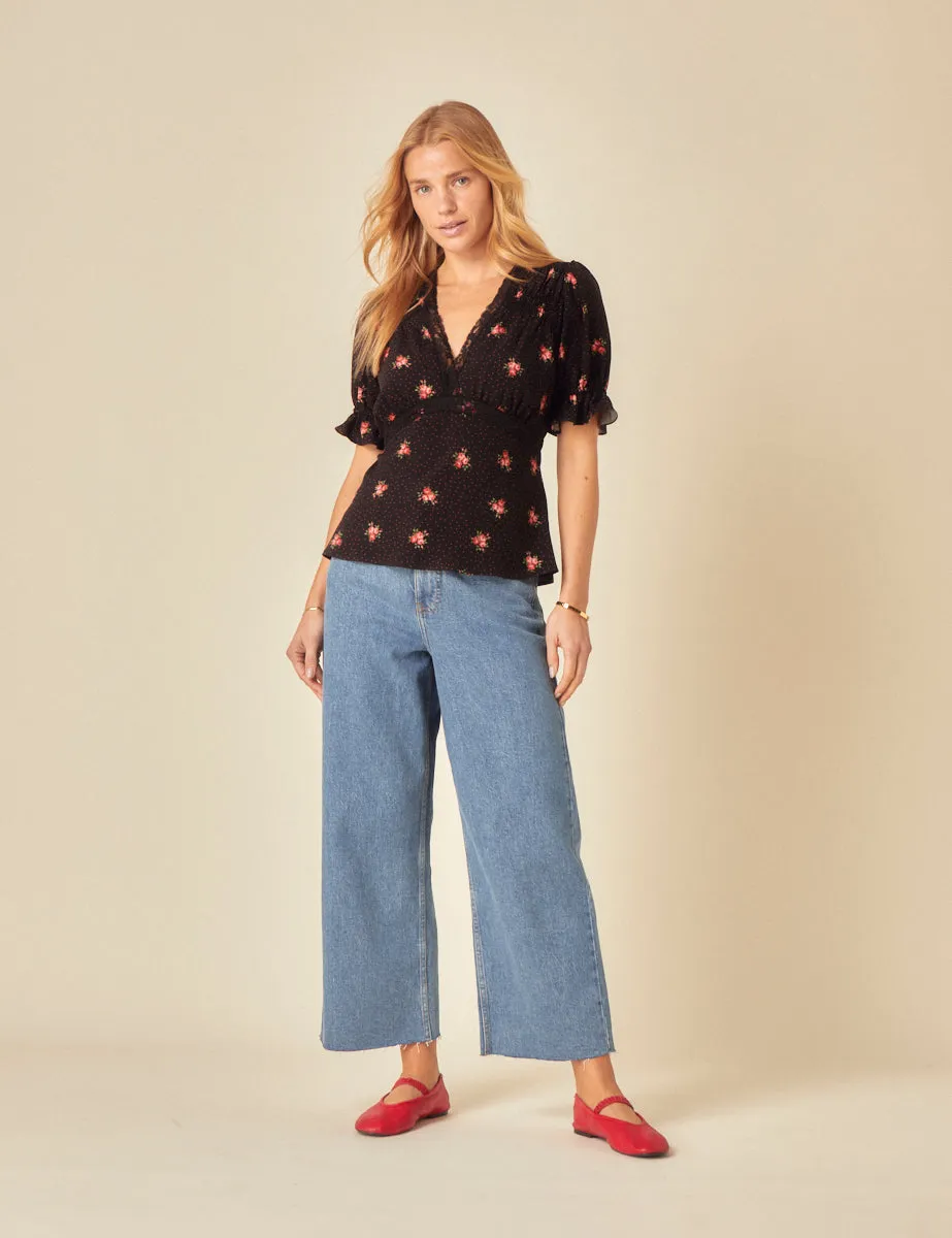 Black Floral Printed Puff Sleeve Top sold by Nobody's Child product image thumbnail 2