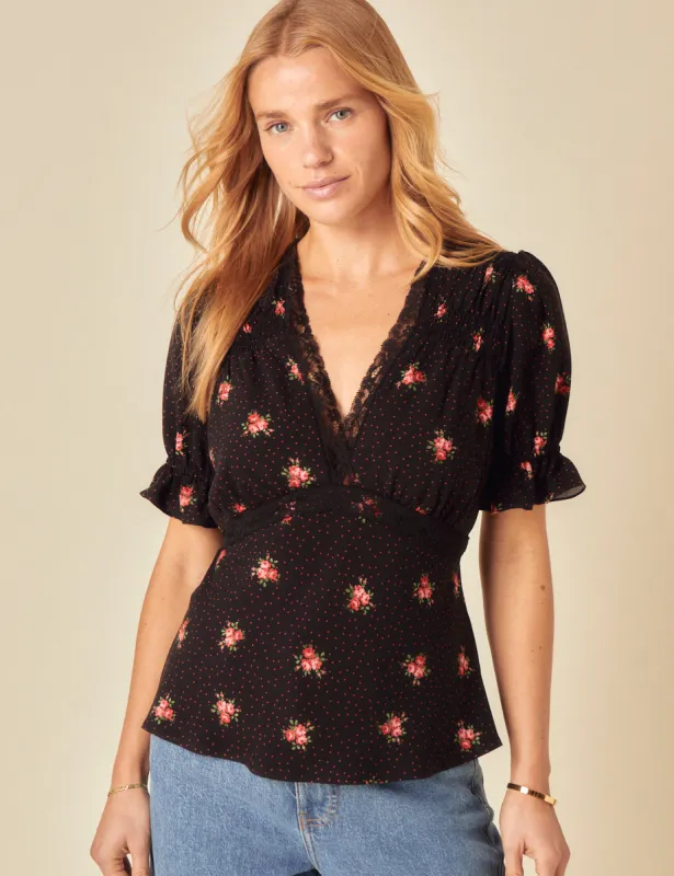Black Floral Printed Puff Sleeve Top sold by Nobody's Child