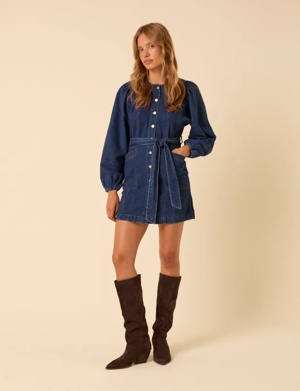 Dark Blue Denim Carlee Tie Waist Mini Dress sold by Nobody's Child